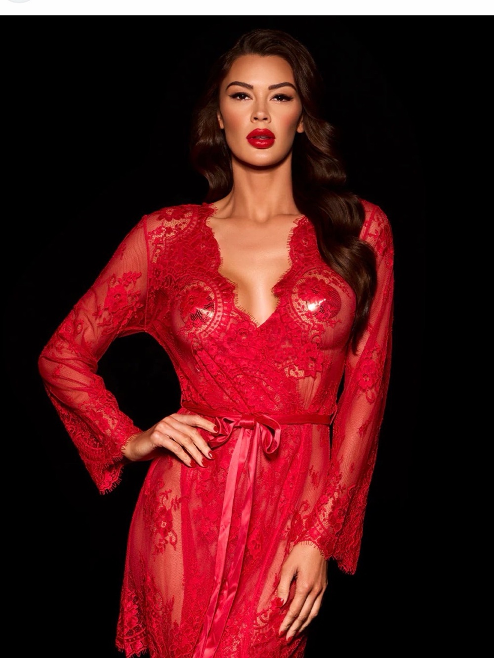 Honey Birdette Red Sheer Lace Robe